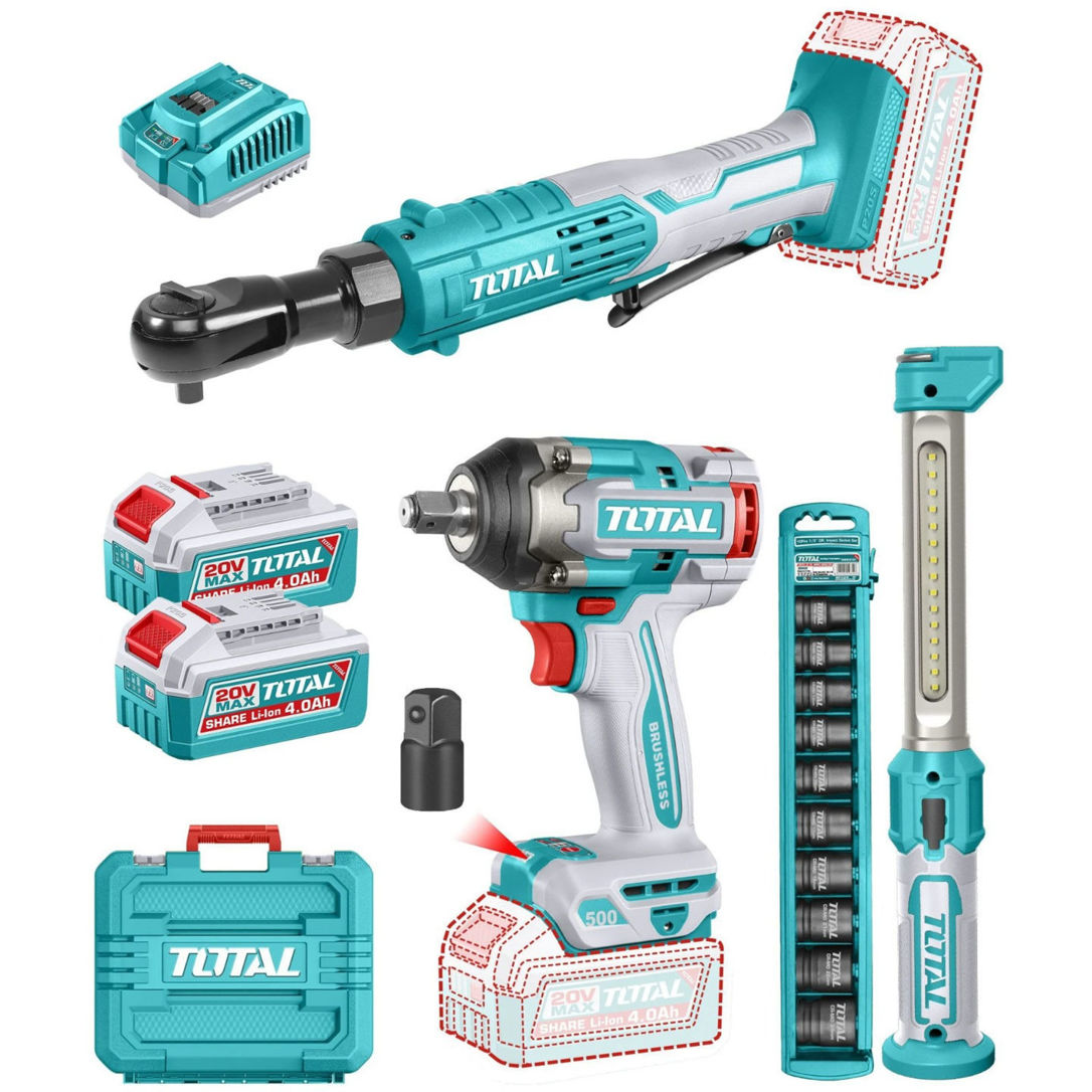 Imagen de Kit Inalámbrico: Llave Impacto 20v 1/2'' + Llave Crique 20v 3/8'' + Linterna, 2 Baterías 4.0Ah